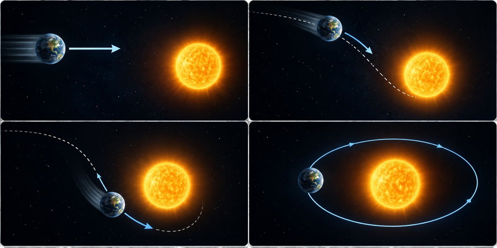Ibteda-e-Aafreenash The Earth was moving initially straight then Sun caught it to orbit around it.