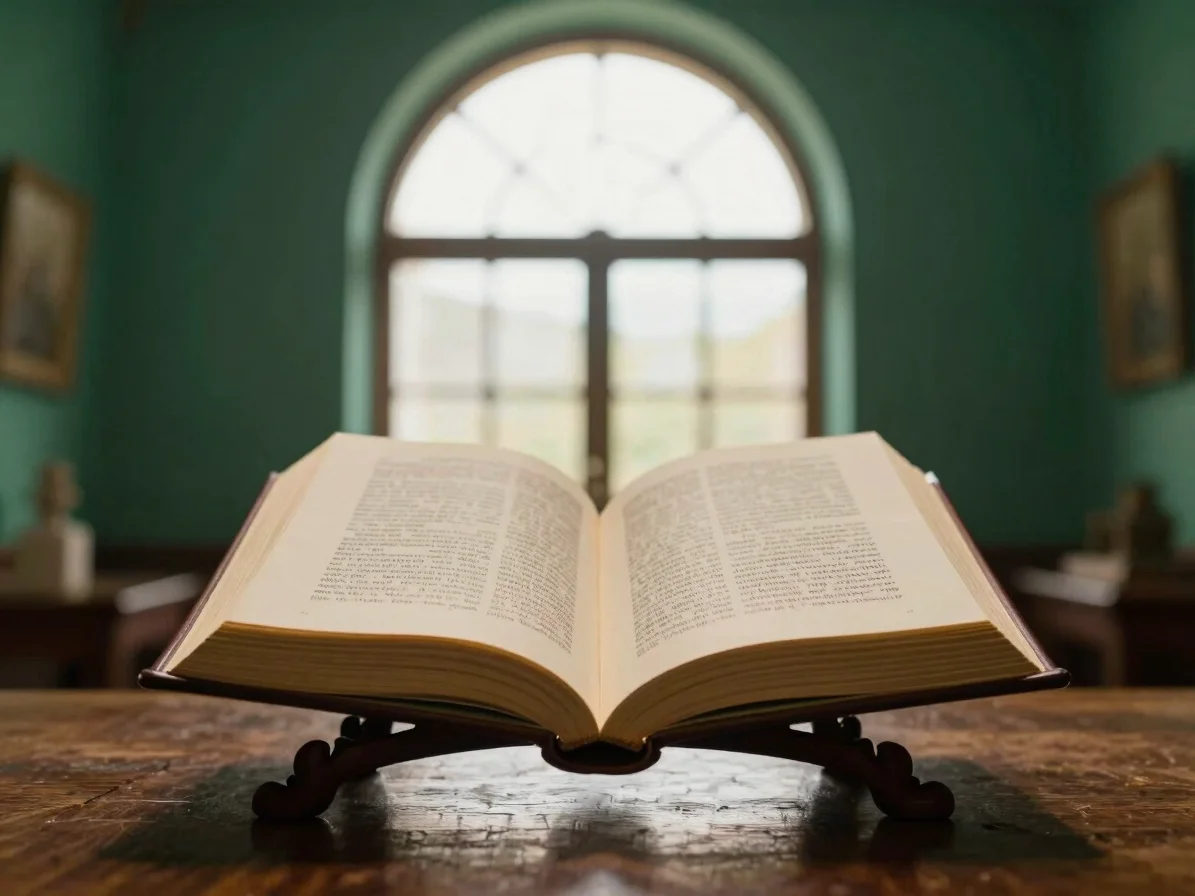 Warm editorial photograph of an open hand-bound book on a carved