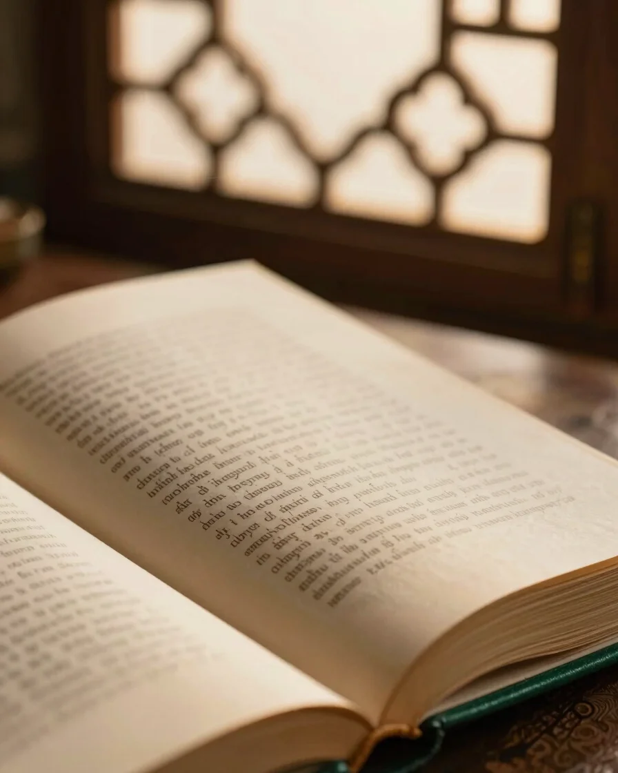 Intimate close-up of paper texture and ink on an open hand-bound book, with subtle geometric Islamic lattice screen in t