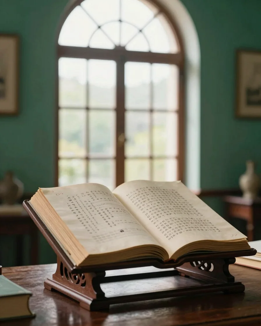 A quiet study atmosphere featuring an open hand-bound manuscript